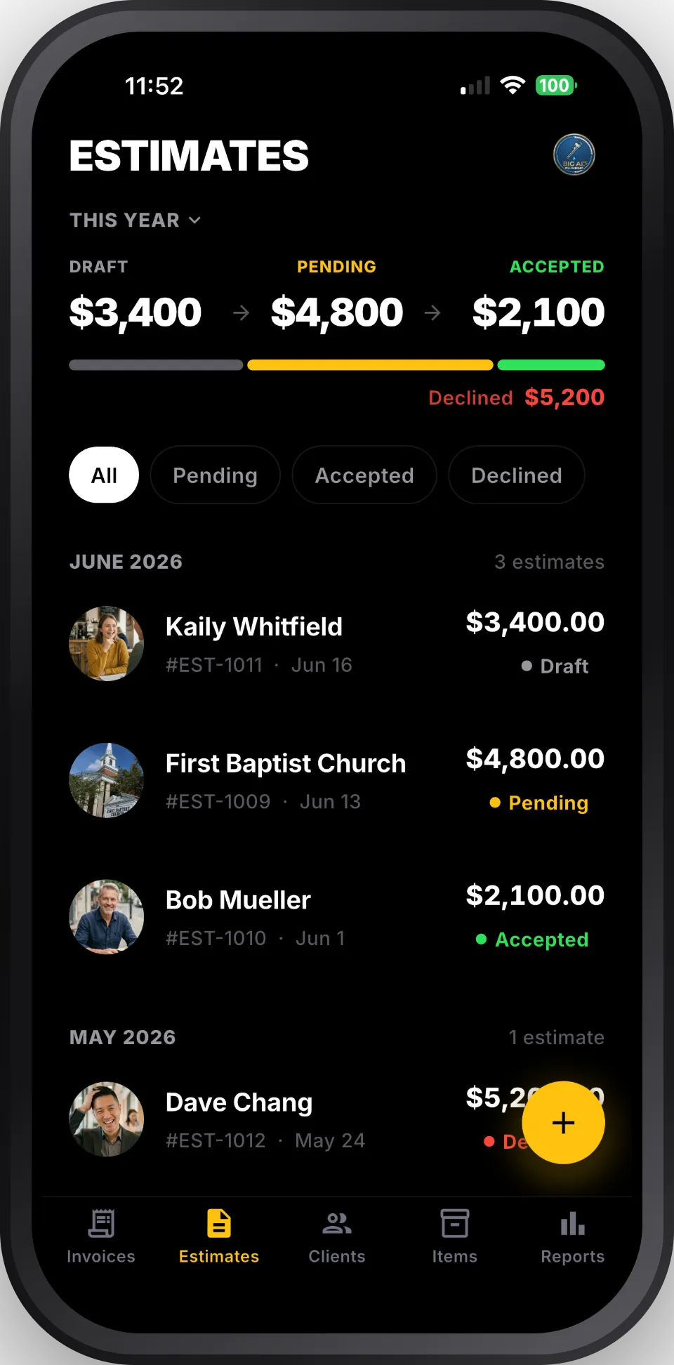 Big Invoice: an estimates screen tracking draft, pending and accepted totals above a filterable list of client estimates