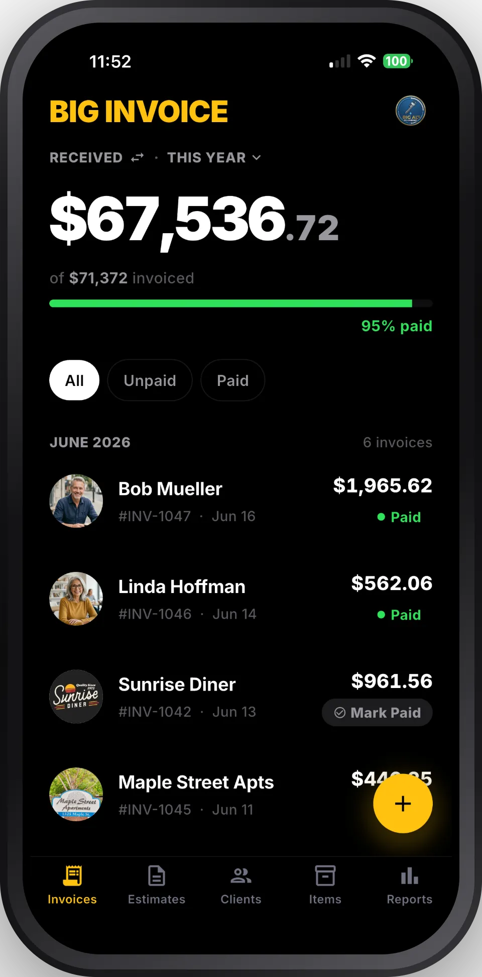 Big Invoice: a dark invoices dashboard showing $67,536.72 received of $71,372 invoiced, 95% paid, above a list of client invoices