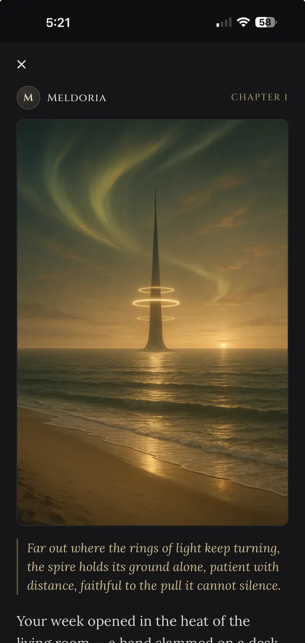 A generated Meldoria chapter: an illustrated spire above the sea, an italic epigraph, and narrative text drawn from the user's week