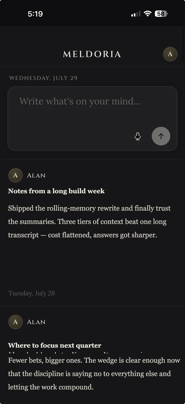 Meldoria journaling interface: a daily writing prompt above two saved entries
